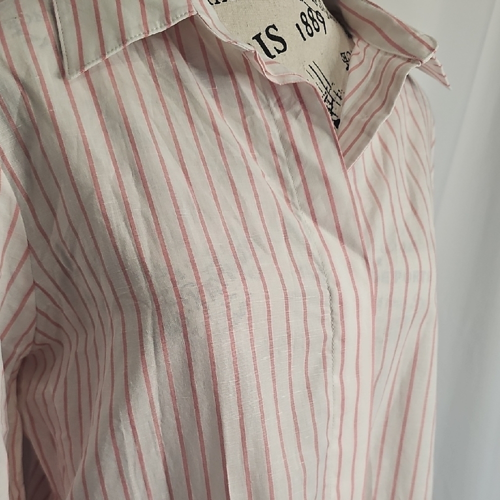 HARSHMAN White and Pink High Low Shirt Dress with Collar - Picture 7 of 9